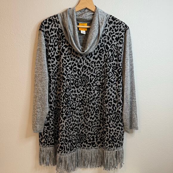 Ruby Rd. Tops - Ruby Rd Cowl Neck Tunic Top Women Fringe Leopard Artsy Stretch Animal Print XL